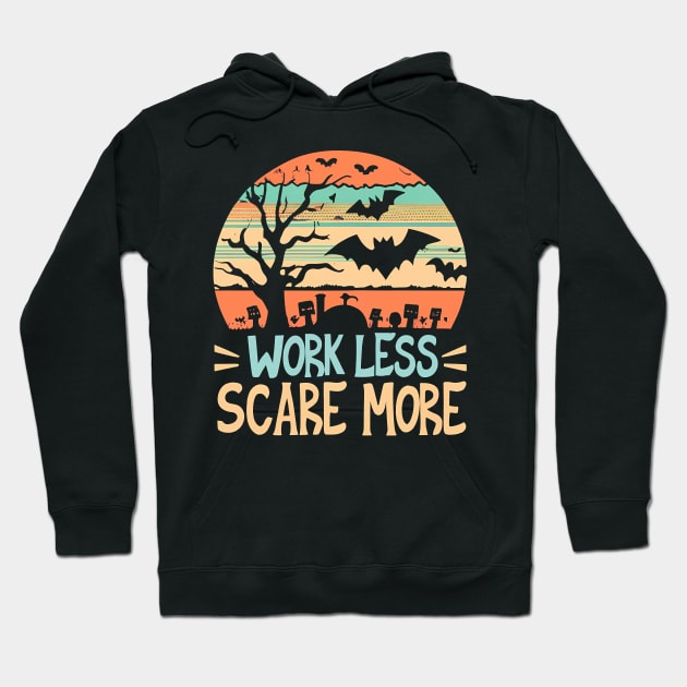 Work Less, Scare More! Halloween Vintage Sunset Bats Grave Hoodie by NearlyNow